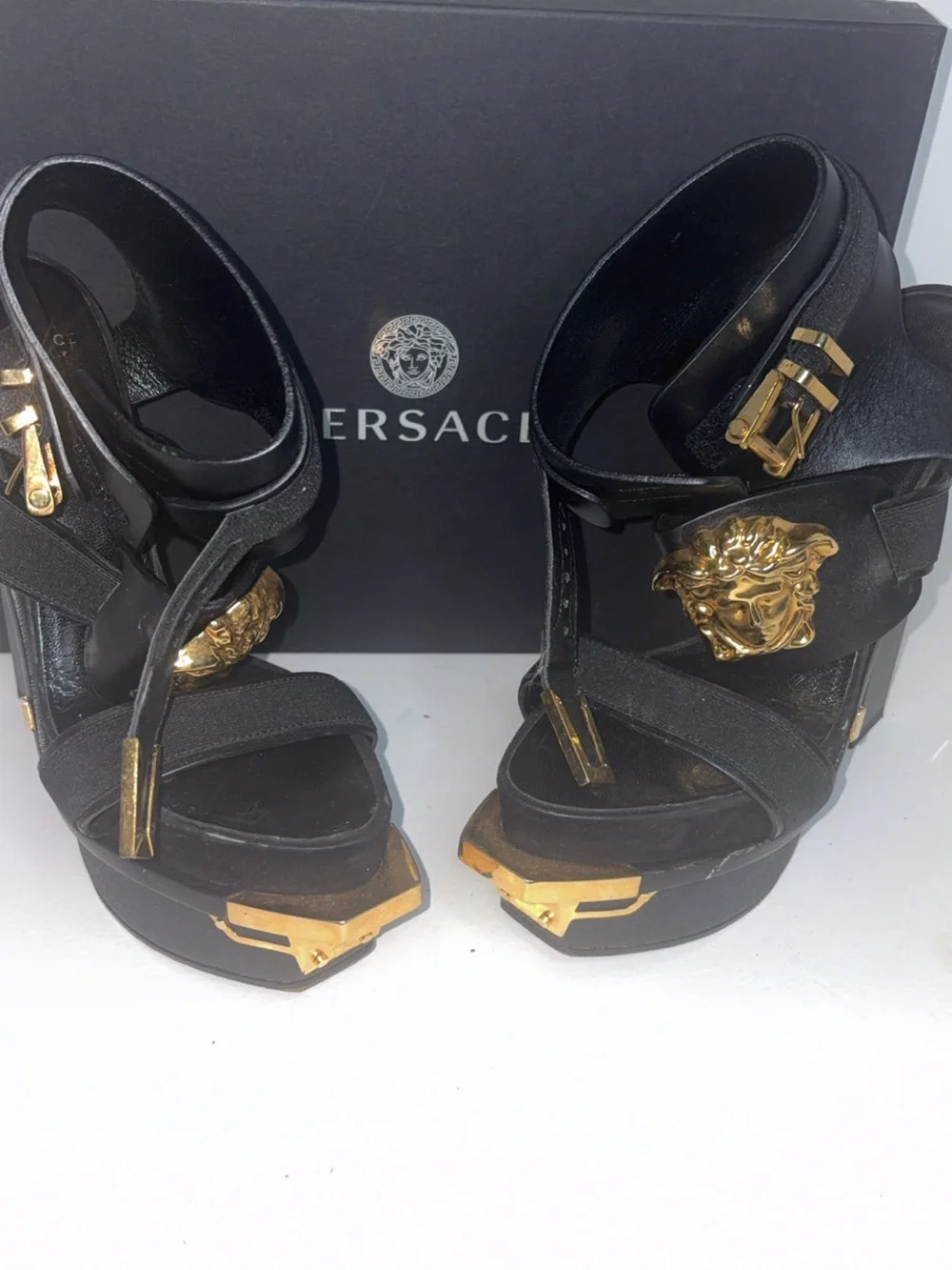 Versace Black Platform Heels with Gold Medusa Plaques